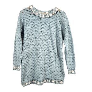 Vintage Hand Knit Embellished Open Knit Sweater Small Pearls Rosettes Coquette
